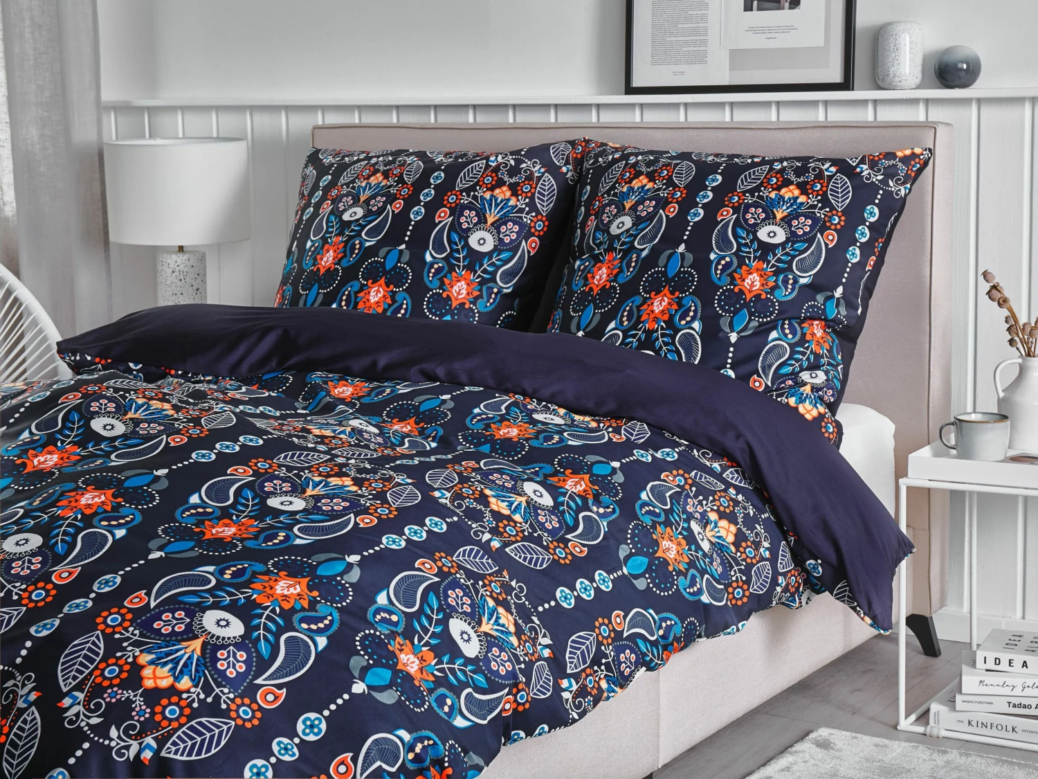 Dekbedovertrek Katoensatijn Donkerblauw/oranje Diverse Formaten MADRONA - Afbeelding 2