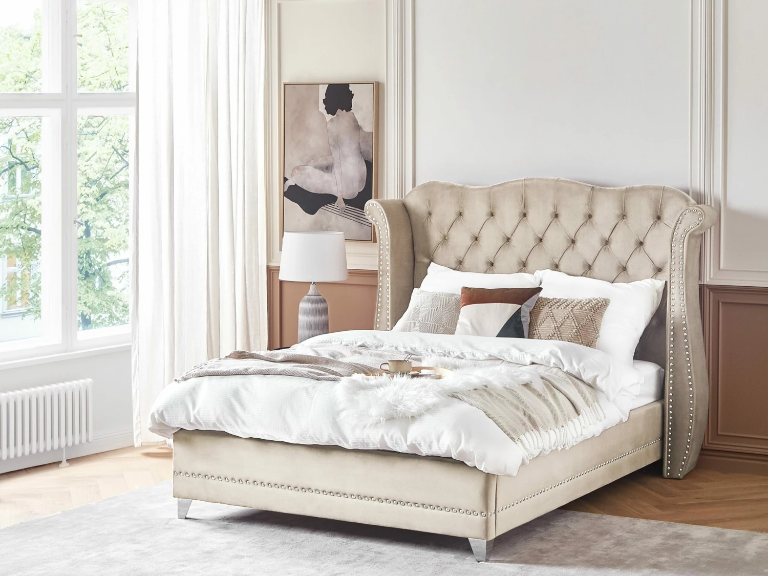 Bed Fluweel Beige In Diverse Formaten AYETTE - Afbeelding 2
