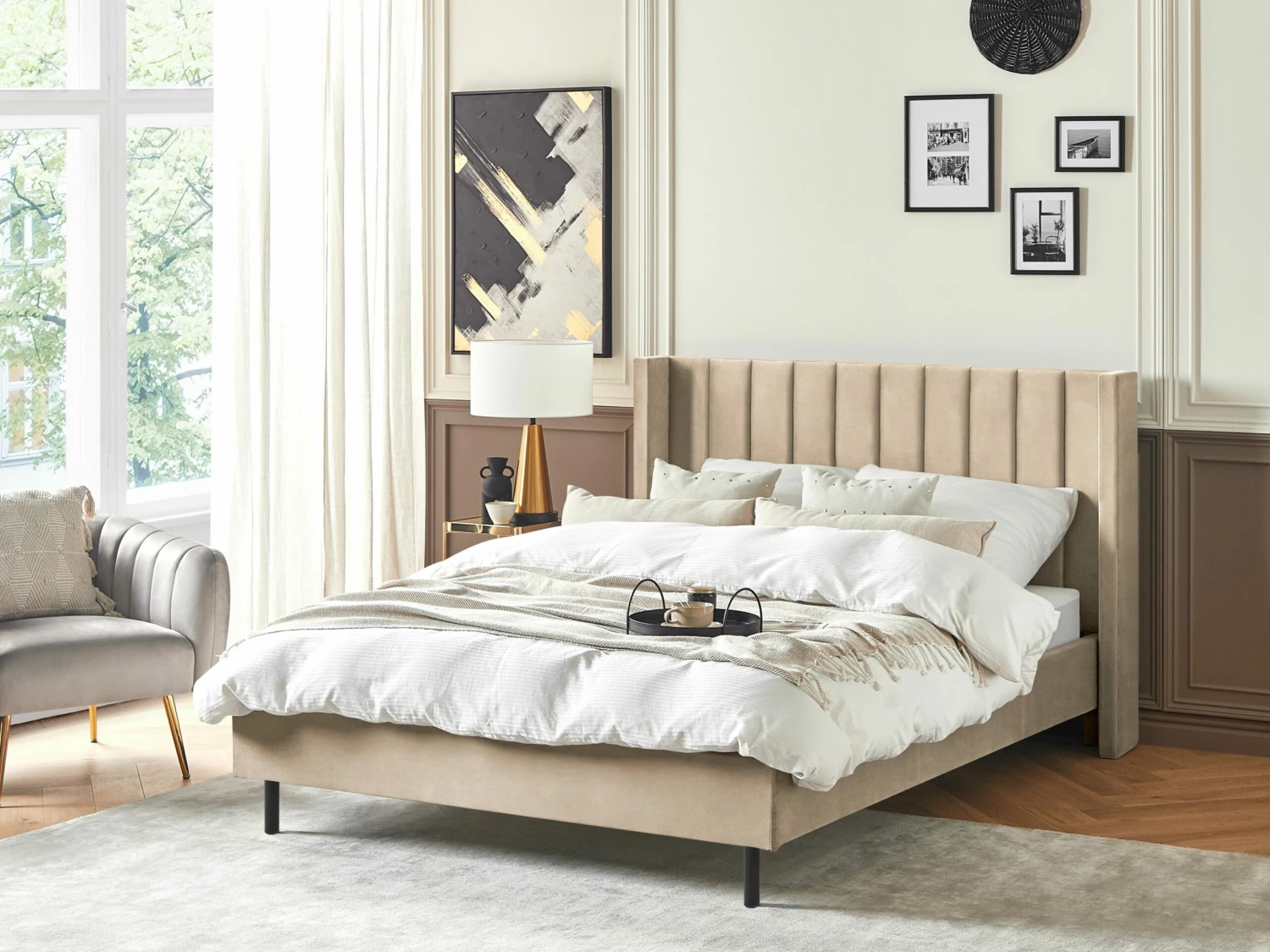 Bed Fluweel Beige In Diverse Formaten VILETTE - Afbeelding 2
