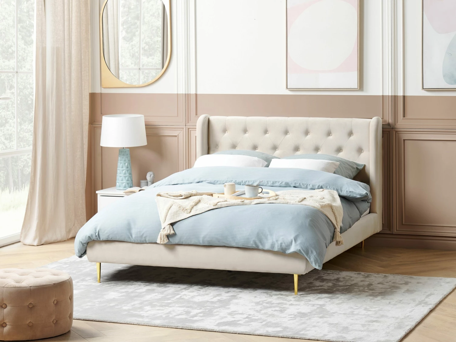 Bed Fluweel Beige FORBACH Verschillende Maten - Afbeelding 2